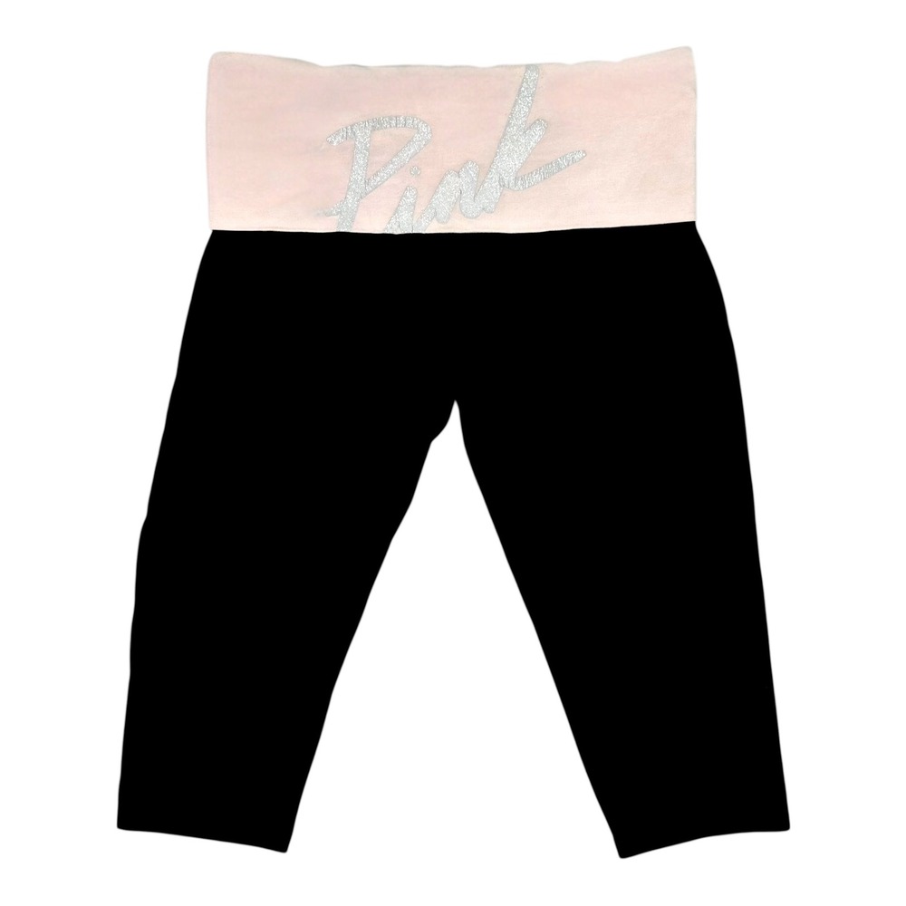 Victoria's Secret PINK Yoga Leggings Black Pink Glitter‎ Logo Crop Large Long
